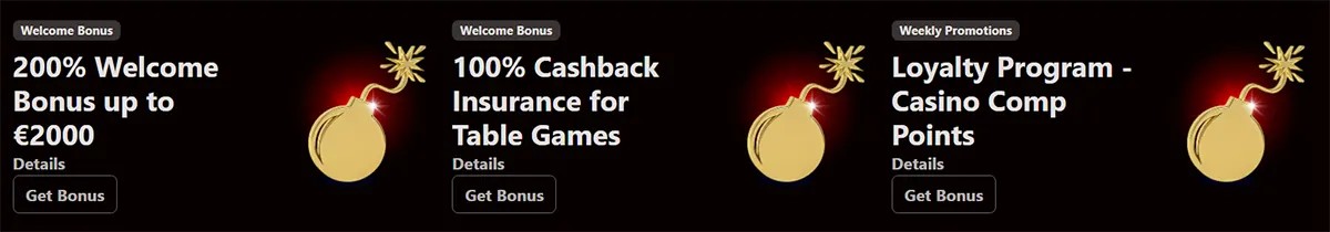 Casino promotions banner displaying a 200% welcome bonus up to €2,000, 100% cashback insurance for table games, and a loyalty program with casino comp points, each with “Get Bonus” buttons on a dark festive background.