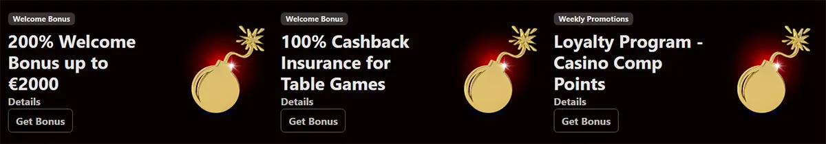 Casino promotions banner displaying a 200% welcome bonus up to €2,000, 100% cashback insurance for table games, and a loyalty program with casino comp points, each with “Get Bonus” buttons on a dark festive background.