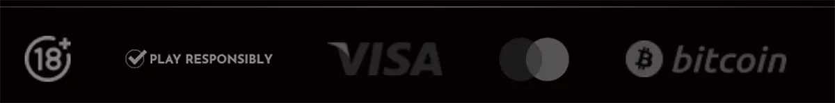 Footer strip showing 18+ age restriction, “Play Responsibly” notice, and supported payment icons including Visa, Mastercard, and Bitcoin on a dark background.
