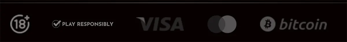 Footer strip showing 18+ age restriction, “Play Responsibly” notice, and supported payment icons including Visa, Mastercard, and Bitcoin on a dark background.